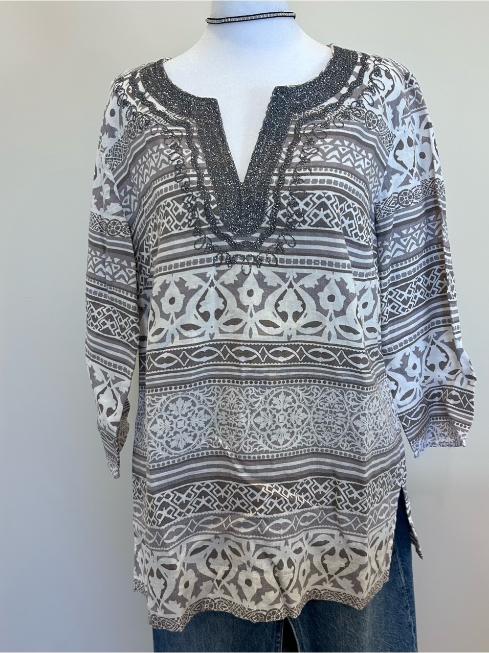 JM Collection 100% Linen Tunic Printed Tunic in Gray and White